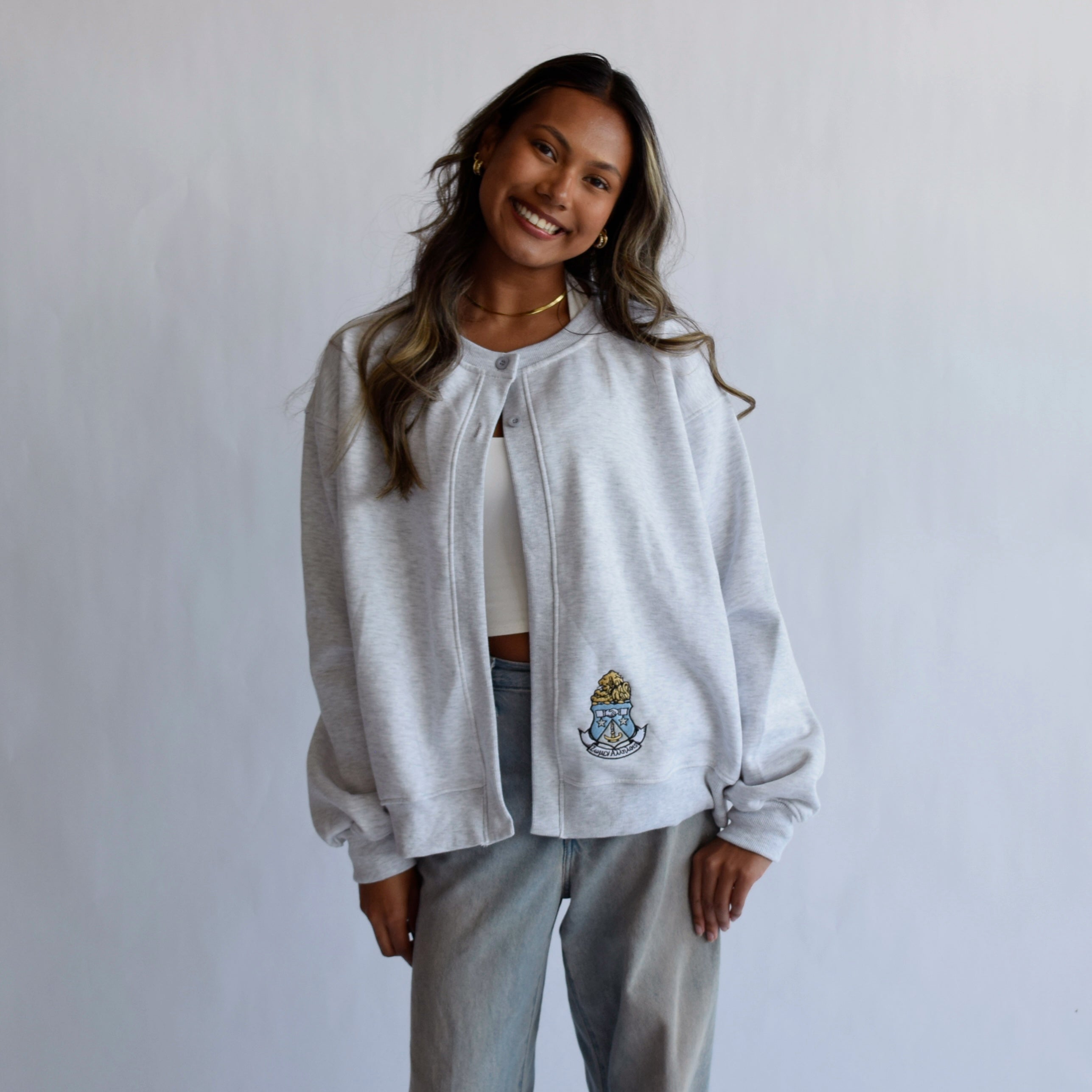 ASH GREY EMBROIDERED SORORITY CREST CARDIGAN – The Letter Market