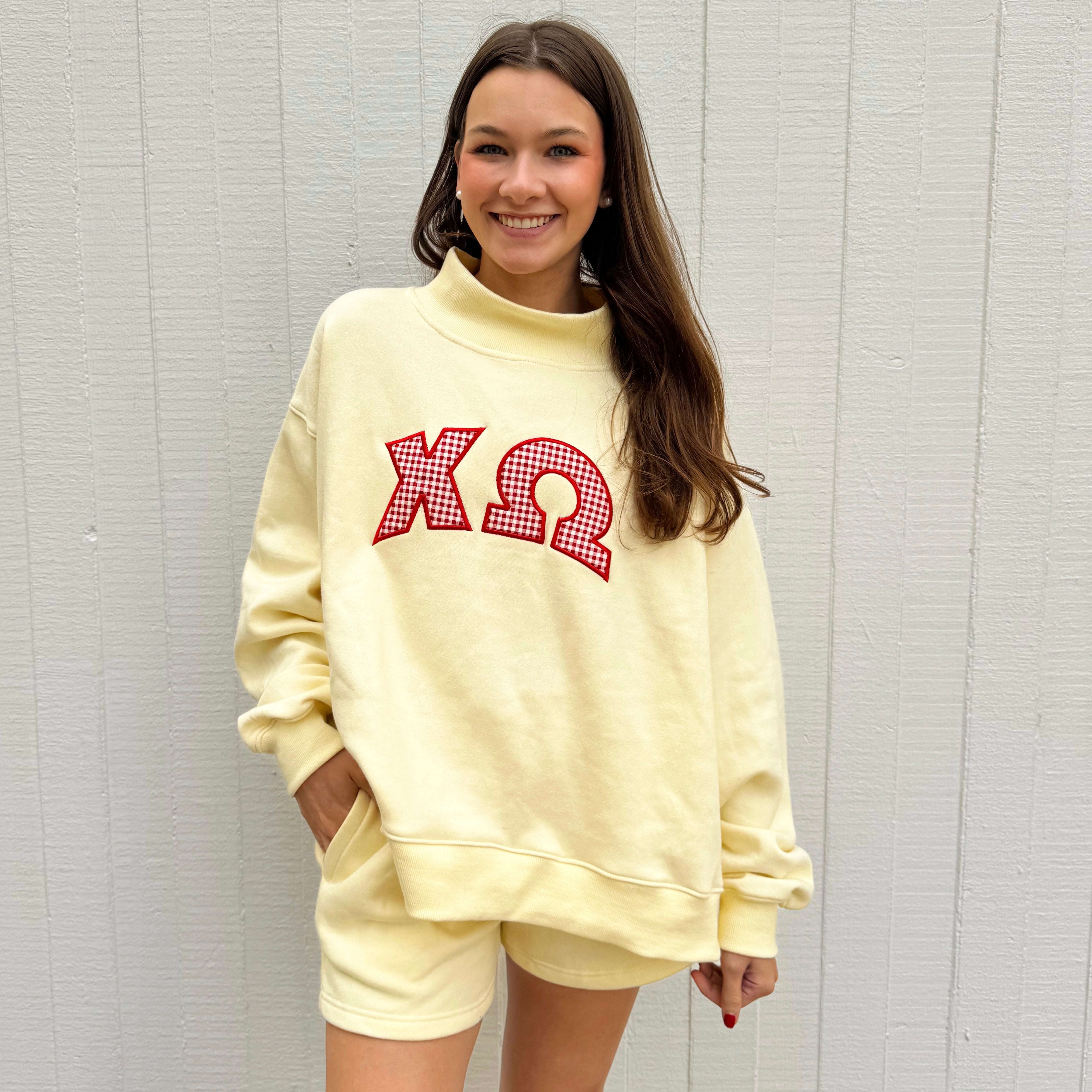 CUSTOM GREEK EMBROIDERED PATCHWORK MOCKNECK